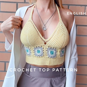 The Granny Square crochet crop top pattern. Granny square crochet summer top tutorial. Pattern for crochet Bralette from granny squares.