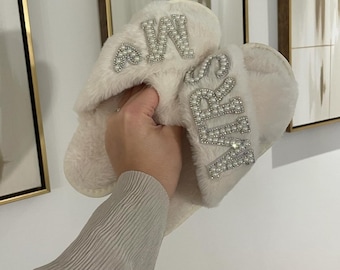 White Fluffy MRS Pearl and Diamanté Patch Slippers | Wedding | Bridesmaid | Wedding Gift | Maid of Honour | Bachelorette | Wifey | Hen Party