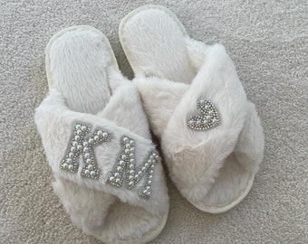 White Fluffy Personalised Initials Pearl and Diamanté Patch Slippers | Wedding | Bridesmaid | Wedding Gift | Maid of Honour | Bachelorette