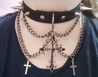 Collana Girocollo Punk Con Ciondolo Croce Nera, In Lega, Elastica, Regolabile 35+5 Cm, Per Donna E Ragazza - 3