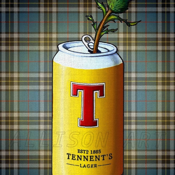 TENNENTS LAGER - drinks, beer, pubs, bars, Glasgow, gift, art, Scotland, Scottish, tartan, illustration, thistle