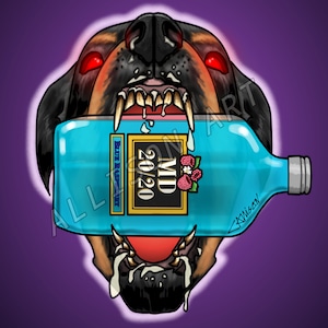 以下が含まれることがあります： 赤い目をした鋭い歯を持つカートゥーンのロットワイラーが、青いMD 20/20ブルーラズベリーのボトルを噛んでいます。ボトルにはブランド名とフレーバーがラベルで表示されています。