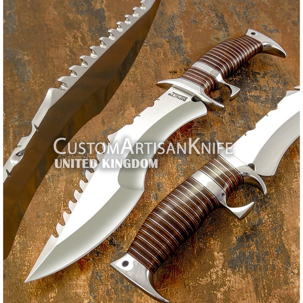 Cuchillo Bowie D2 personalizado Mango de cuero apilado