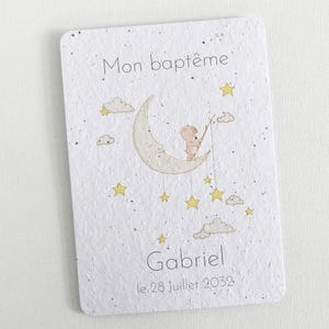 Joli faire-part de Baptême écoresponsable fabriqué à partir de papier ensemencé. Faire-part original à planter. Modèle: Ours sur la Lune