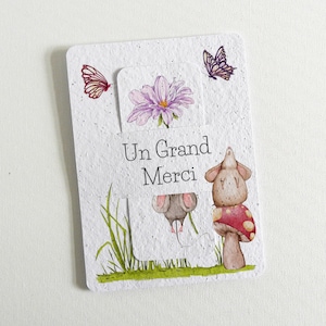 Carte et marque-page à planter personnalisé. Cadeau merci Maîtresse, Nounou qui se transforme en joli bouquet de fleurs. Papier ensemencé