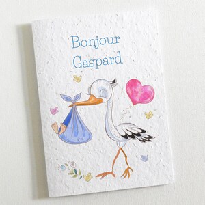 Carte de naissance garçon à personnaliser. Carte à planter fabriquée à partir de papier ensemencé. Carte de félicitations naissance garçon
