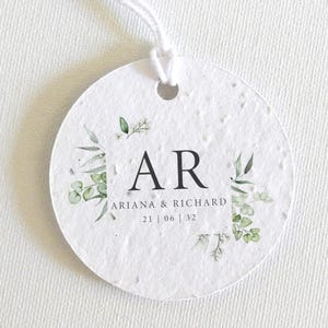 Lot d'étiquettes mariage personnalisées à planter. Élégantes étiquettes mariage fabriquées à partir de papier ensemencé.  Modèle: Verdure