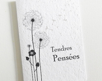 Carte à planter Condoléances: Tendres pensées. Carte écologique fait en papier ensemencé, une carte qui se transforme en bouquet de fleurs