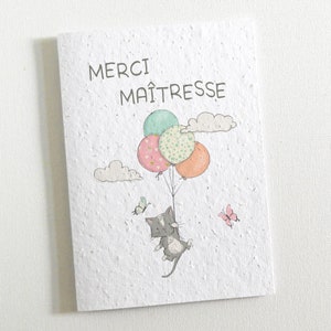 Carte à planter Merci Maîtresse. Faite de papier ensemencé, cette carte se transforme en fleurs. Cadeau unique fin d’année scolaire