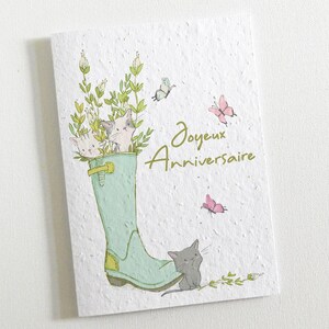 Carte d'anniversaire écoresponsable. Carte à planter anniversaire Chatons. Carte originale et ludique qui se transforme en bouquet de fleurs