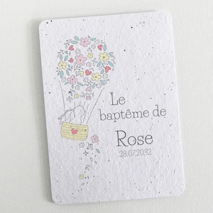 Joli faire-part de Baptême écoresponsable fabriqué à partir de papier ensemencé. Faire-part original à planter. Modèle: Montgolfière