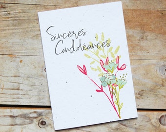 Planting card Condolences: Bouquet. Sincere condolences. Ecological map made of seeded paper