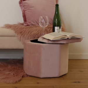 Container velvet pouf, octagonal shape, practical and elegant