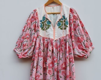 Floral Midi Dress, Mini Dress, Floral Long Block Print Dress, Deep Neck with string closer