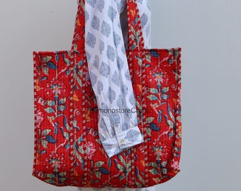 Handmade Quilted Tote Shopping Bag, Floral Print Cotton Market Bag, Jhola Bag, Hippie Bag, Market Bag