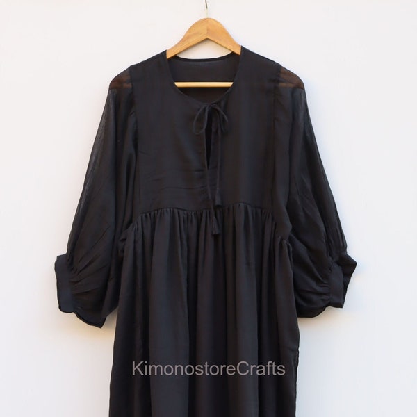 Black Midi Dress, Mini Dress, Solid Black Long Dress, Deep Neck with string closer, Fully Lined
