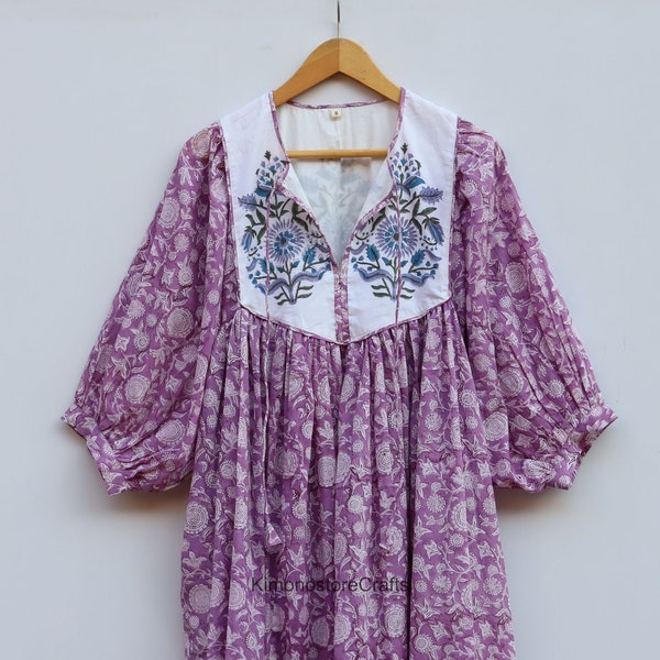 Floral Midi Dress, Mini Dress, Floral Long Block Print Dress, Deep Neck with string closer