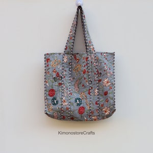 Handmade Quilted Tote Shopping Bag, Floral Print Cotton Market Bag, Jhola Bag, Hippie Bag, Market Bag