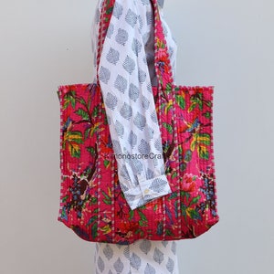 Handmade Quilted Tote Shopping Bag, Floral Print Cotton Market Bag, Jhola Bag, Hippie Bag, Market Bag