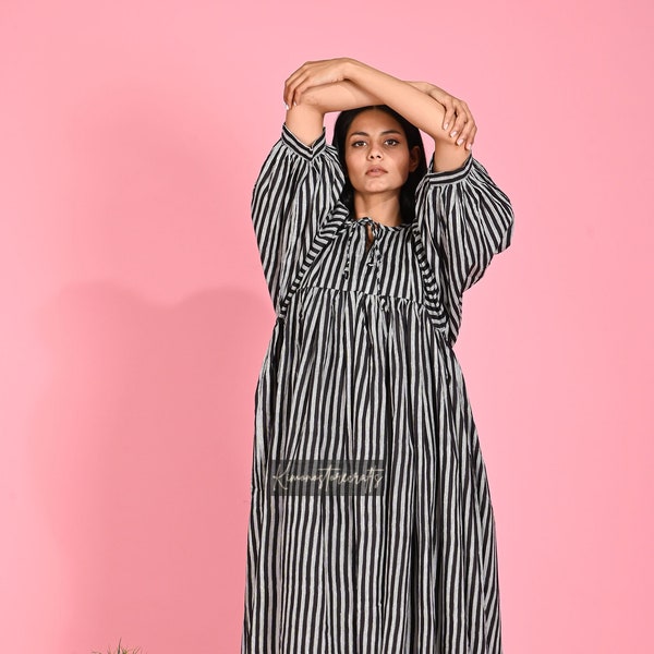 Striped Hand Block Print Beach Dress Midi and Mini Sizes