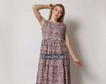 Floral Hand Block Print Beach Dress Midi and Mini Sizes Sleeveless 3 Tier Maxi Dress