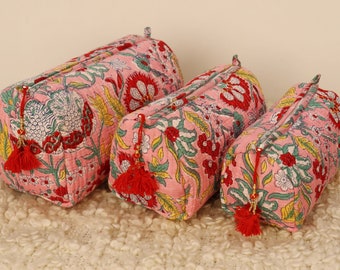 Set of 3 Pieces Indian Cotton Floral Print Toiletry Bag, Travel bag, Make up Pouch, Quilted Wash Bag, Shaving Kit, Vanity Case