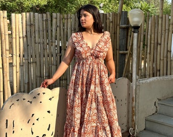 Floral print Midi Dress, Mini Dress, Ruffle collars dress Hand Block Print Dress