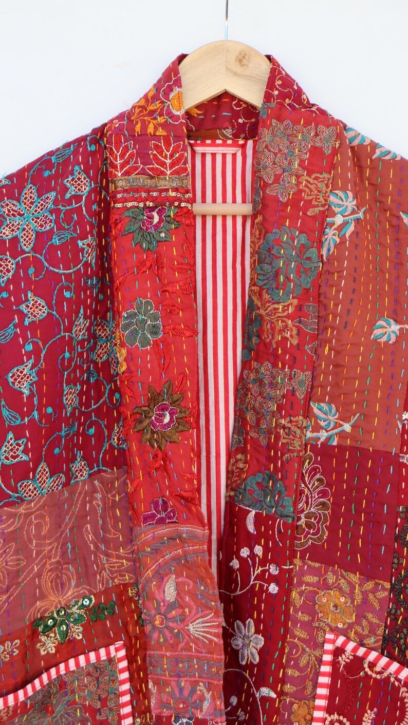Block Print Kantha Robe, Kantha Jacket, Handmade Floral Print Embroidered Kantha Jacket