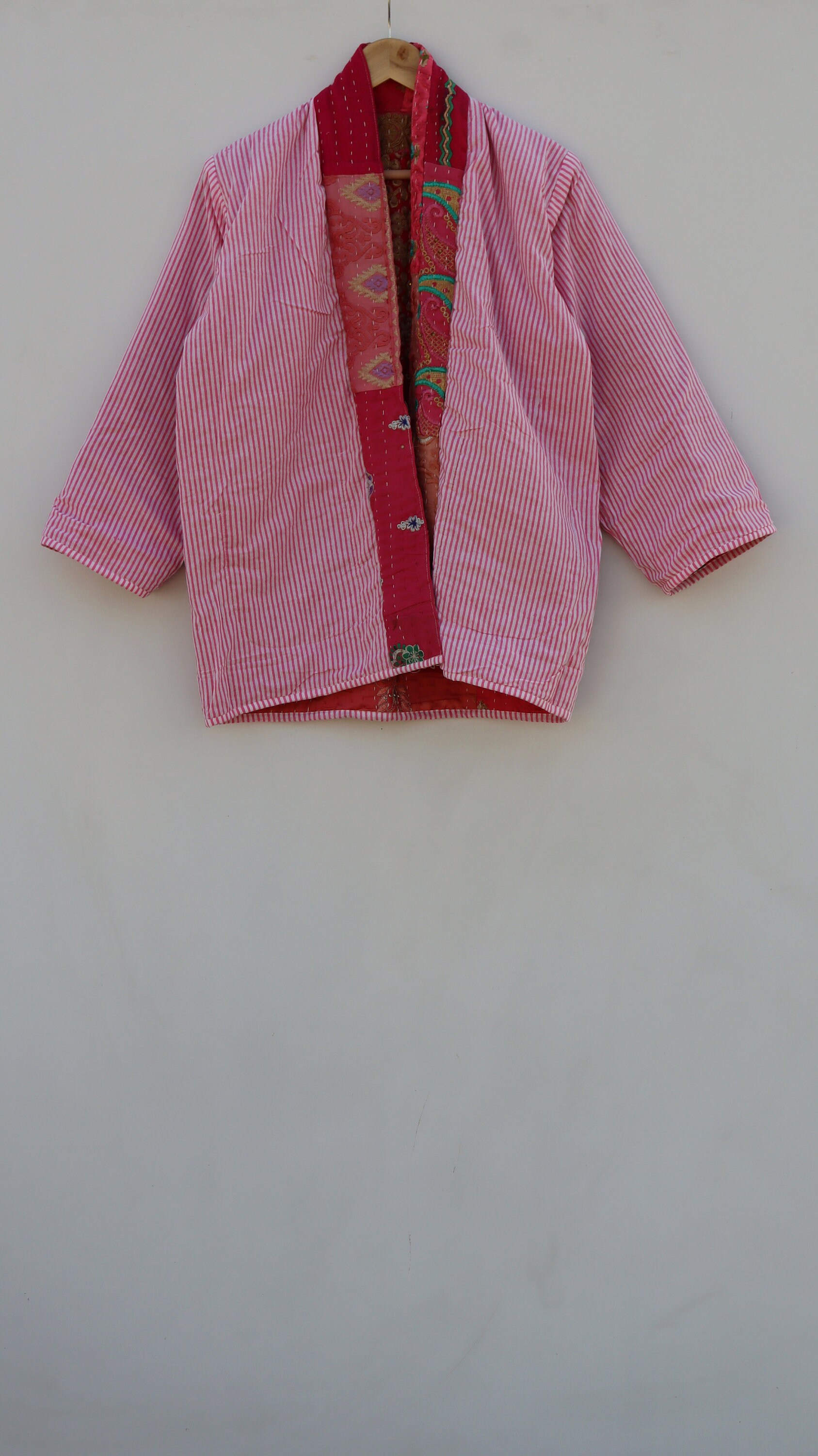 Block Print Kantha Robe, Kantha Jacket, Handmade Floral Print Embroidered Kantha Jacket