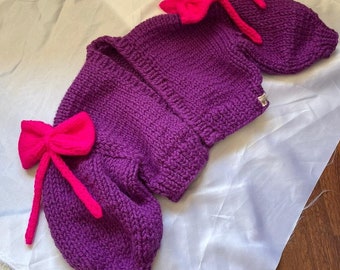Knit Chunky Bow Coquette Cardigan, Purple Pink Coquette Sweater, Cute Kawaii Japanese Cardigan, Harajuku Bow Jacket, Cardigan for women