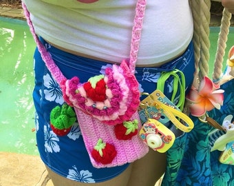 Crochet Pink Strawberry Crossbody Bag, Pastel Kawaii Strawberry Bag, Anime Japanese Strawberry Phone Case, Crossbody Bag for Women