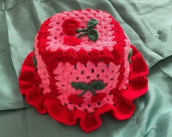 Crochet Kawaii Cherry Bucket Hat, Cute Pink Bucket Hat with ruffles, Crochet Red Bucket Hat, Kawaii Fruit Hat, Hat for Summer, Cherry Lovers