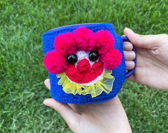 Crochet Clown Mug Cover, Colorful Circus Crochet Cup Cover, Clown core Fun Mug Protector, Big Comfy Couch, Clown Coffee Break Accessory