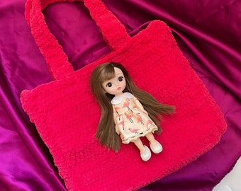 Crochet Velvet Pink Brunette Doll Bag, Anime Kawaii Bag, Japanese Style Purse, Cute Harajuku Bag, Concert Festival Handbag, Gift for Her