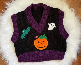 Knit Chunky Halloween Vest, Orange Pumpkin Ghost Bat Sweater, Black Halloween Sweater, Halloween Costume, Gift for Halloween, Halloween Girl