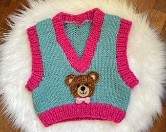 Gebreid dik berenvest, schattig teddybeervest, trui berengewas, blauwroze vest, vest voor herfst en winter, kawaii-vest, kawaii-kleding