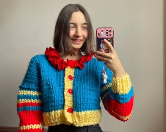 Knit Chunky Colorful Clown Cardigan, Clown Sweater, Clown Cardigan with Collar, Cute Circus Cardigan, Clown Circus Costume, Big Comfy Couch