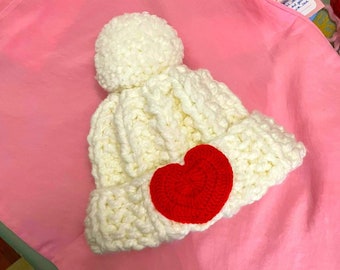 Knit Heart Beanie, Cute Soft White Beanie, Pompom Beanie, Beanie for Winter, Gift for Her, Gift for Valentine, Gift idea for Valentine