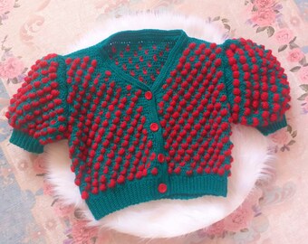 Knit Strawberry Chunky Jacket, Puff Sleeve Cute Jacket, Strawberry Clothes, Kawaii, Harajuku, Cottagecore, Gift For Her