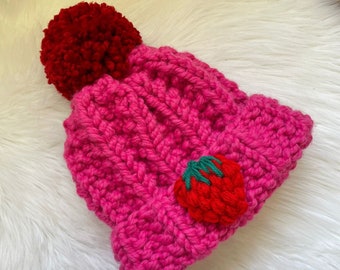 Knit Strawberry Beanie, Strawberry Hat, Pompom Pink Strawberry Beanie, Cute Anime Kawaii Beanie, Strawberry Shortcake, Winter Wool Beanie