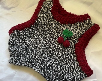 Knit Chunky Black and White Cherry Vest, Dark Red Cherry Sweater, Y2K Style Cherry Vest, Kawaii Cherry Sweater, Lana Del Rey Clothes