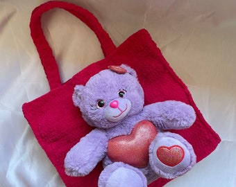 Knit Coquette Pink Teddy Bear Shoulder Bag, Kawaii Hot Pink Bag with Plush Teddy Bear, Purple Teddy Bear Bag, Care Bears Bag, Gift for Her