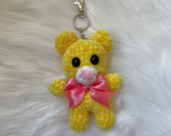 Knit Yellow Teddy Bear Keychain, Pastel Crochet Keychain with pink bow, Cute Animal Keychain, Care Bears Accessories, Kawaii Keychain