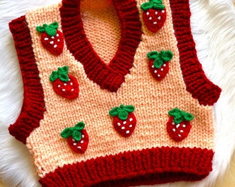 Knit Chunky Strawberry Vest, Cute Strawberry Crop Vest, Strawberry Sweater, Strawberry T-shirt, Strawberry Shortcake, Kawaii Vest, Kawaii
