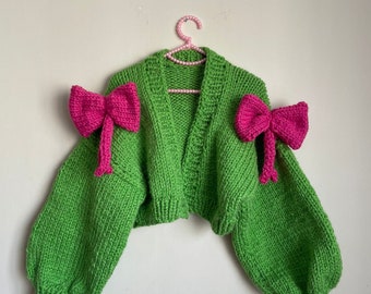 Knit Chunky Green Ribbon Coquette Cardigan, Pink Coquette Sweater, Lolita Cardigan, Y2k Clothing Bow Jacket, Kawaii Cardigan, Gift for Her