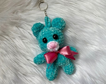 Crochet Blue Teddy Bear Keychain, Blue Plush Crochet Keychain with pink bow, Cute Animal Keychain, Care Bears Accessories, Kawaii Keychain