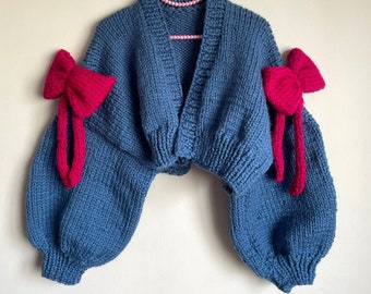 Knit Chunky Bow Coquette Cardigan, Navy Pink Coquette Sweater, Cute Kawaii Japanese Cardigan, Harajuku Style Bow Jacket, Cardigan for women