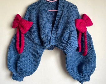 Knit Chunky Ribbon Coquette Cardigan, Coquette Sweater, Lolita Cardigan, Y2k Clothing, Bow Jacket Sweater, Kawaii Cardigan, Gift for Her