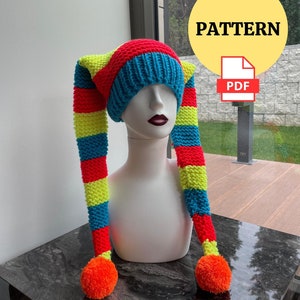 PDF ANLEITUNG Stricken Jester Harlekin Hut, Anleitung Anleitung Clown Jester Hut, Anleitung Lustiger Spaßmacher Pompoms Hut, Anleitung Kostüm Hut, Anleitung für Hut