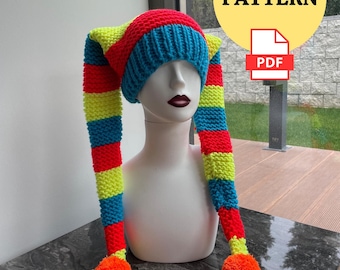 PDF PATTERN Knit Jester Harlequin Hat, Pattern Tutorial Clown Jester Hat, Pattern Funny Jester Pompoms Hat, Pattern Costume Hat, Pattern Hat